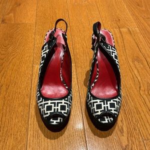 Black and white open toe espadrilles